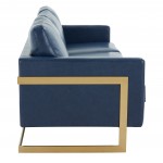 Modern Mid-Century Upholstered Leather Sofa, Gold Frame, Navy Blue, LA83BU-L