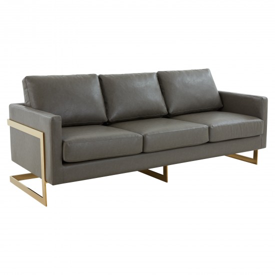 Lincoln Modern Mid-Century Upholstered Leather Sofa, Gold Frame, Grey , LA83GR-L