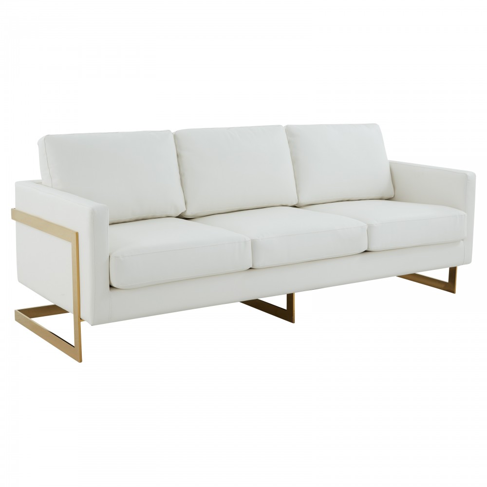 Lincoln Modern Mid-Century Upholstered Leather Sofa, Gold Frame, White, LA83W-L