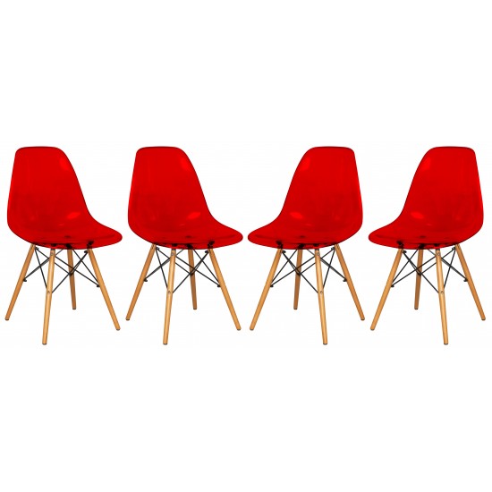 LeisureMod Dover Molded Side Chair, Set of 4, Transparent Red, EP19TR4