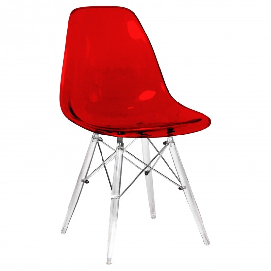 LeisureMod Dover Molded Side Chair with Acrylic Base, Transparent Red, EPC19TR