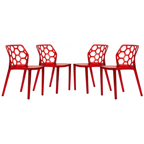 LeisureMod Modern Dynamic Dining Chair, Set of 4, Transparent Red, DC19TR4