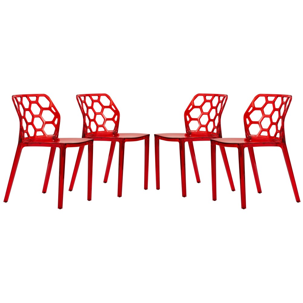 LeisureMod Modern Dynamic Dining Chair, Set of 4, Transparent Red, DC19TR4