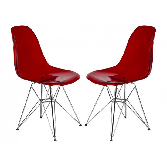 LeisureMod Cresco Molded Eiffel Side Chair, Set of 2, Transparent Red, CR19TR2