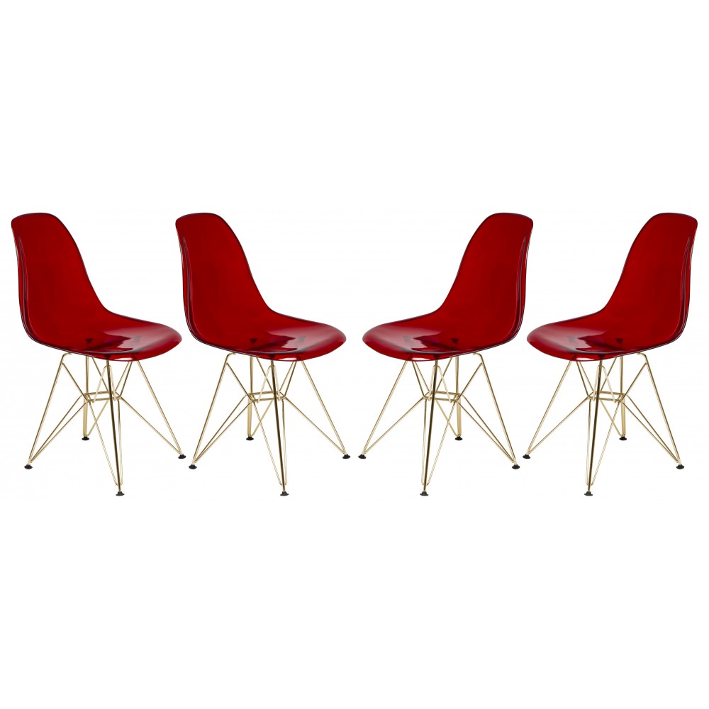 Cresco Molded Eiffel Side Chair, Gold Base, Set of 4, Transparent Red, CR19TRG4