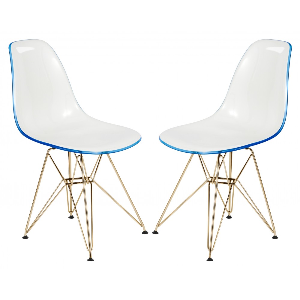 Molded 2-Tone Eiffel Side Chair, Gold Base, Set of 2, White Blue, CR19WBUG2