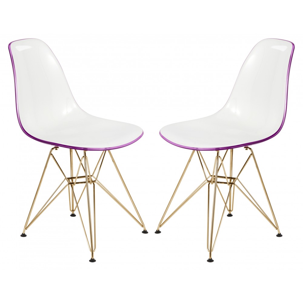 Molded 2-Tone Eiffel Side Chair, Gold Base, Set of 2, White Purple, CR19WPRG2