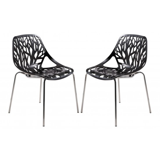 LeisureMod Modern Asbury Dining Chair w/ Chromed Legs, Set of 2, Black, AC16BL2