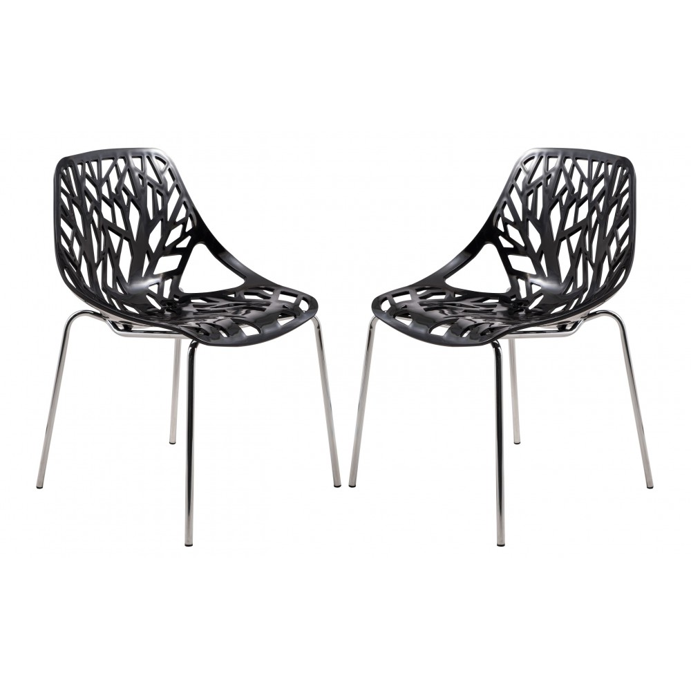 LeisureMod Modern Asbury Dining Chair w/ Chromed Legs, Set of 2, Black, AC16BL2