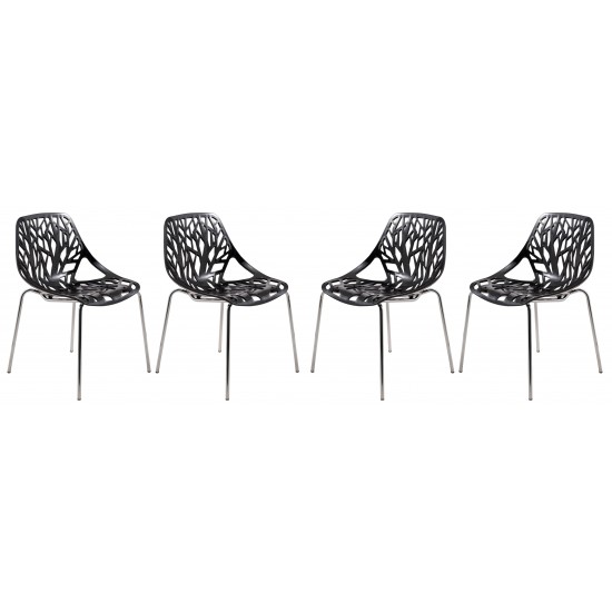 LeisureMod Modern Asbury Dining Chair w/ Chromed Legs, Set of 4, Black, AC16BL4