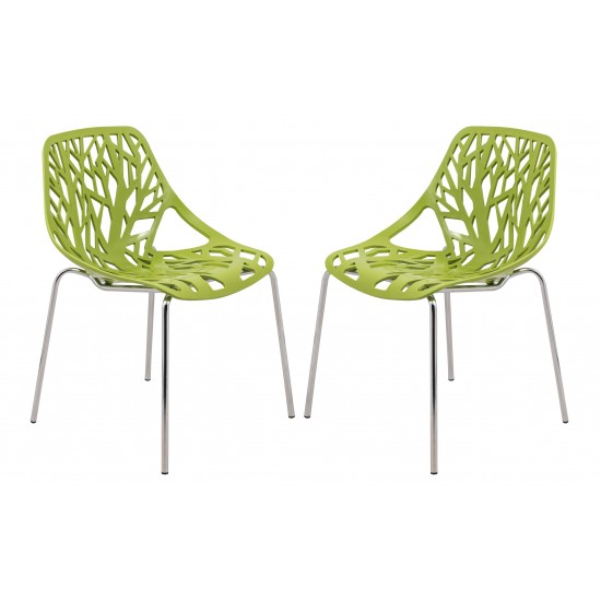 LeisureMod Modern Asbury Dining Chair w/ Chromed Legs, Set of 2, Green, AC16G2