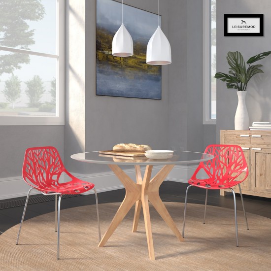 LeisureMod Modern Asbury Dining Chair w/ Chromed Legs, Set of 2, Red, AC16R2