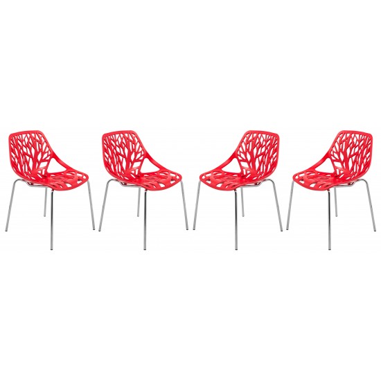 LeisureMod Modern Asbury Dining Chair w/ Chromed Legs, Set of 4, Red, AC16R4