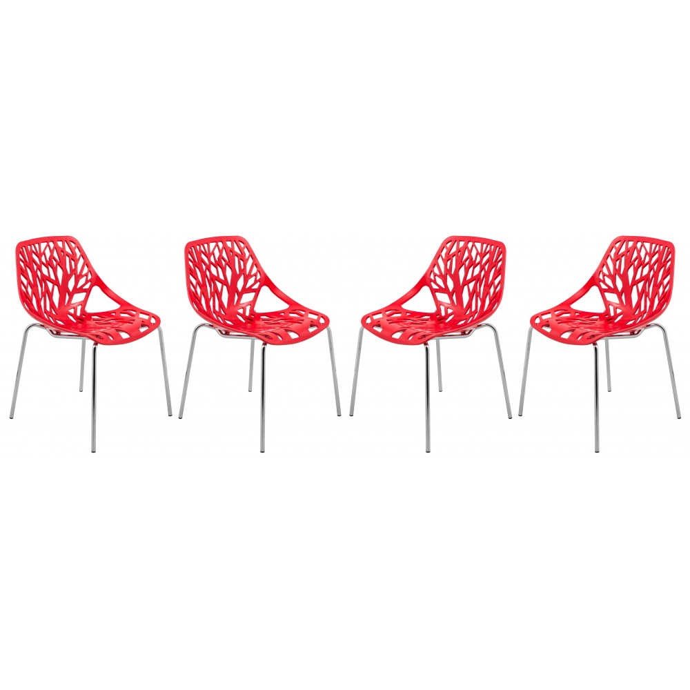 LeisureMod Modern Asbury Dining Chair w/ Chromed Legs, Set of 4, Red, AC16R4