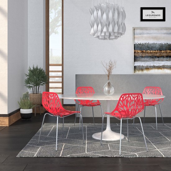 LeisureMod Modern Asbury Dining Chair w/ Chromed Legs, Set of 4, Red, AC16R4