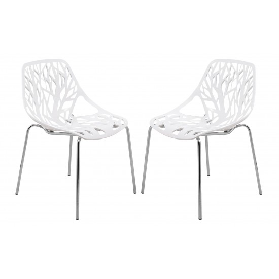 LeisureMod Modern Asbury Dining Chair w/ Chromed Legs, Set of 2, White, AC16W2