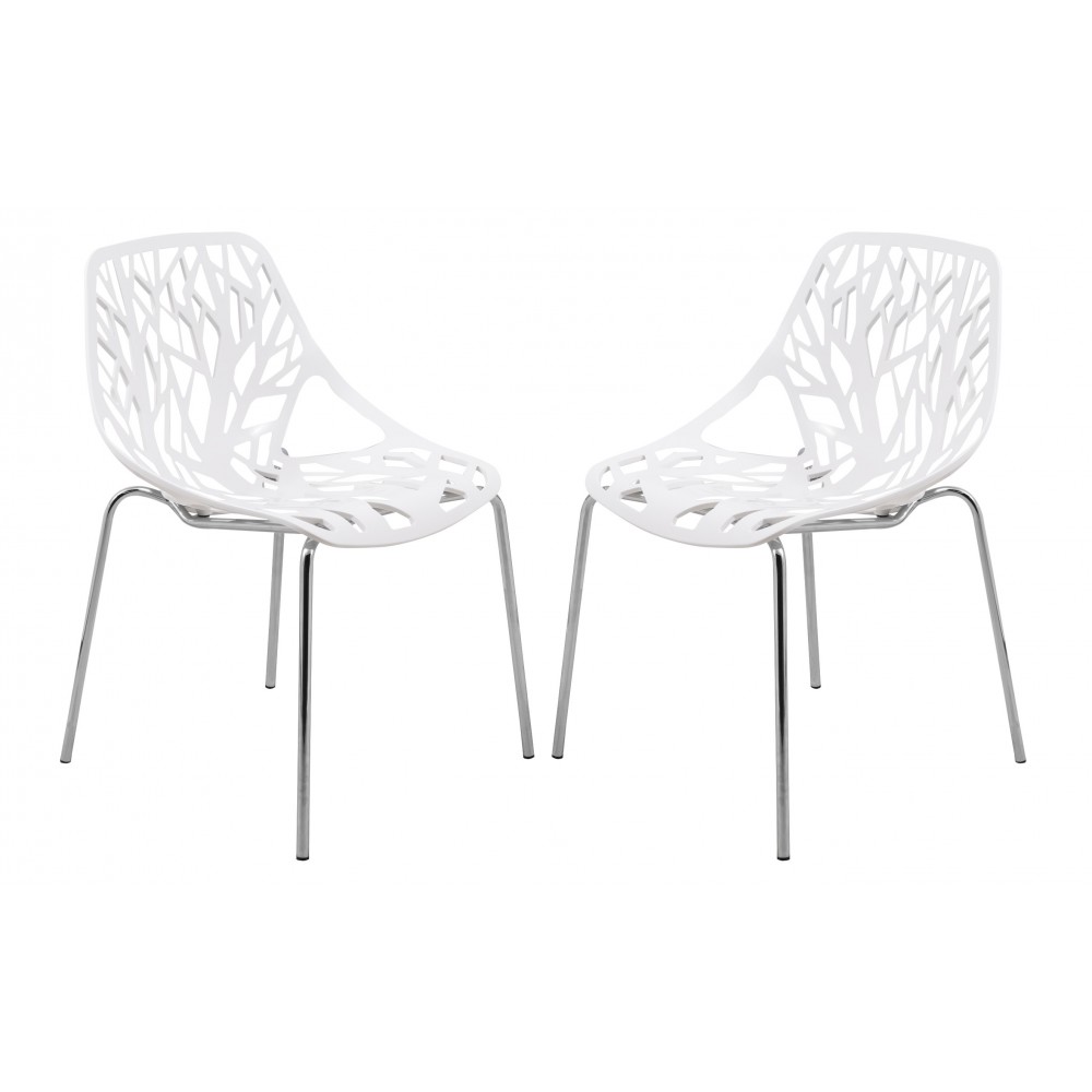 LeisureMod Modern Asbury Dining Chair w/ Chromed Legs, Set of 2, White, AC16W2