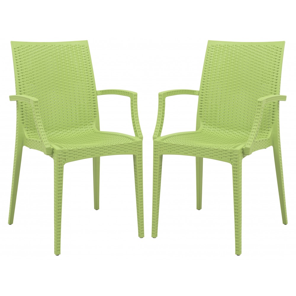 LeisureMod Weave Mace Indoor/Outdoor Chair (With Arms), Set of 2, Green, MCA19G2