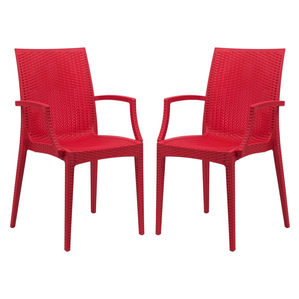 LeisureMod Weave Mace Indoor/Outdoor Chair (With Arms), Set of 2, Red, MCA19R2