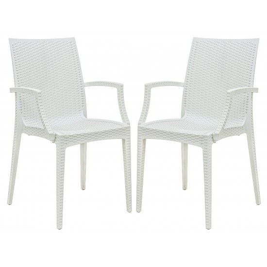 LeisureMod Weave Mace Indoor/Outdoor Chair (With Arms), Set of 2, White, MCA19W2