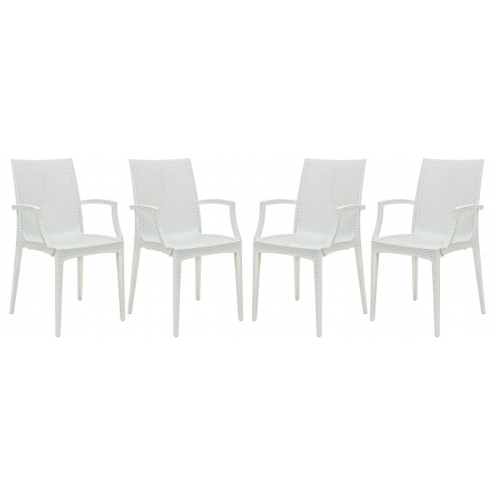 LeisureMod Weave Mace Indoor/Outdoor Chair (With Arms), Set of 4, White, MCA19W4