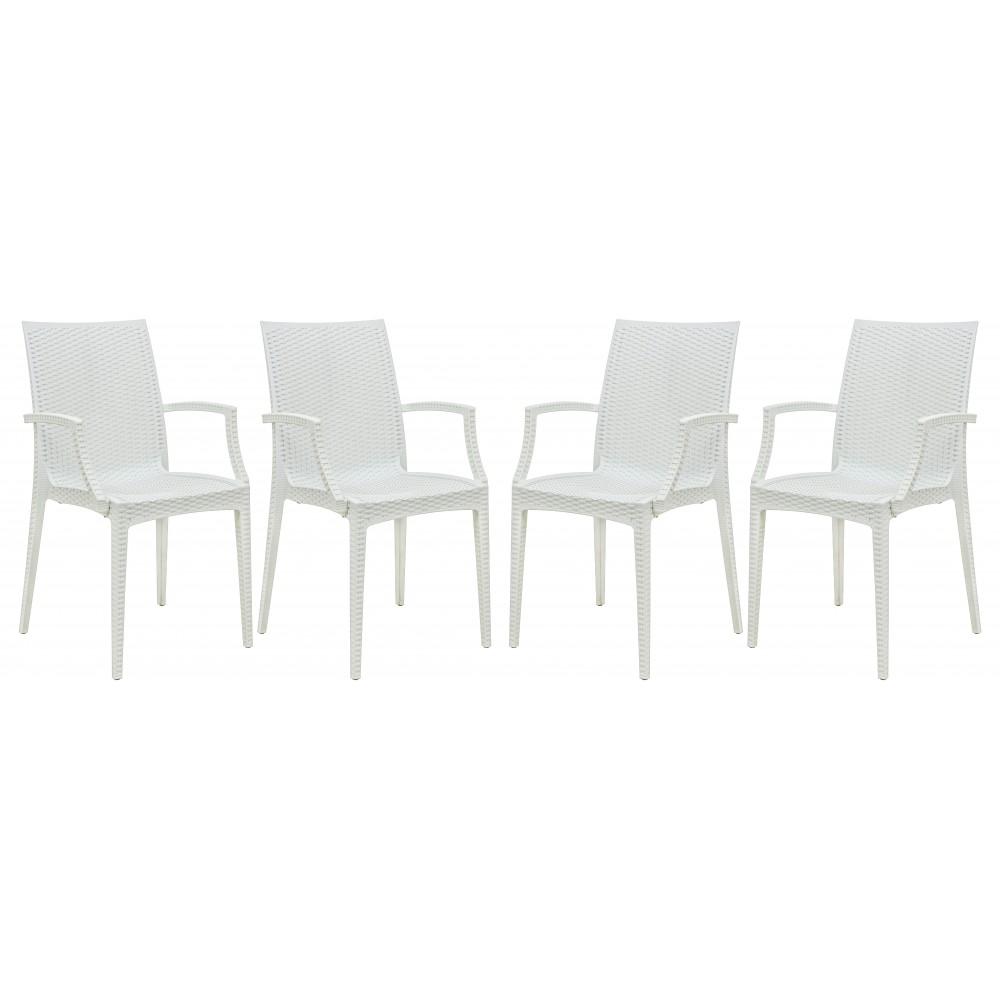 LeisureMod Weave Mace Indoor/Outdoor Chair (With Arms), Set of 4, White, MCA19W4