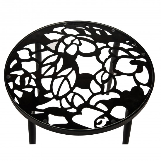 Tree Design Glass Top Aluminum Base Indoor Outdoor End Table, Black, DT20BL