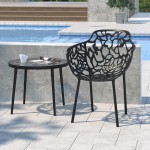Tree Design Glass Top Aluminum Base Indoor Outdoor End Table, Black, DT20BL
