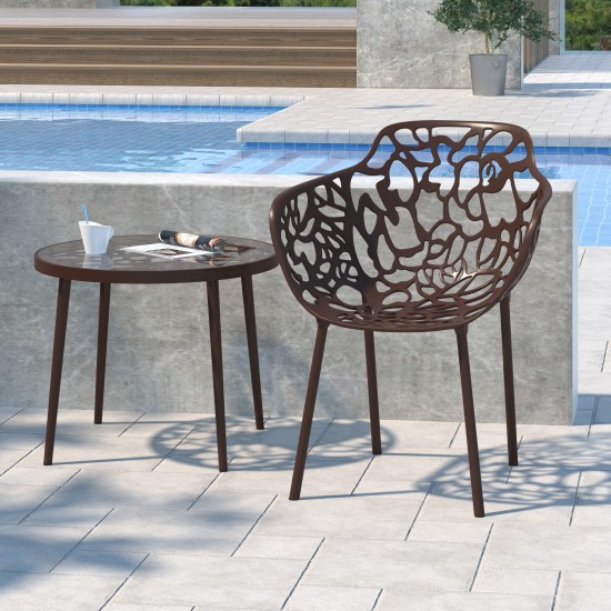 Tree Design Glass Top Aluminum Base Indoor Outdoor End Table, Brown, DT20BR