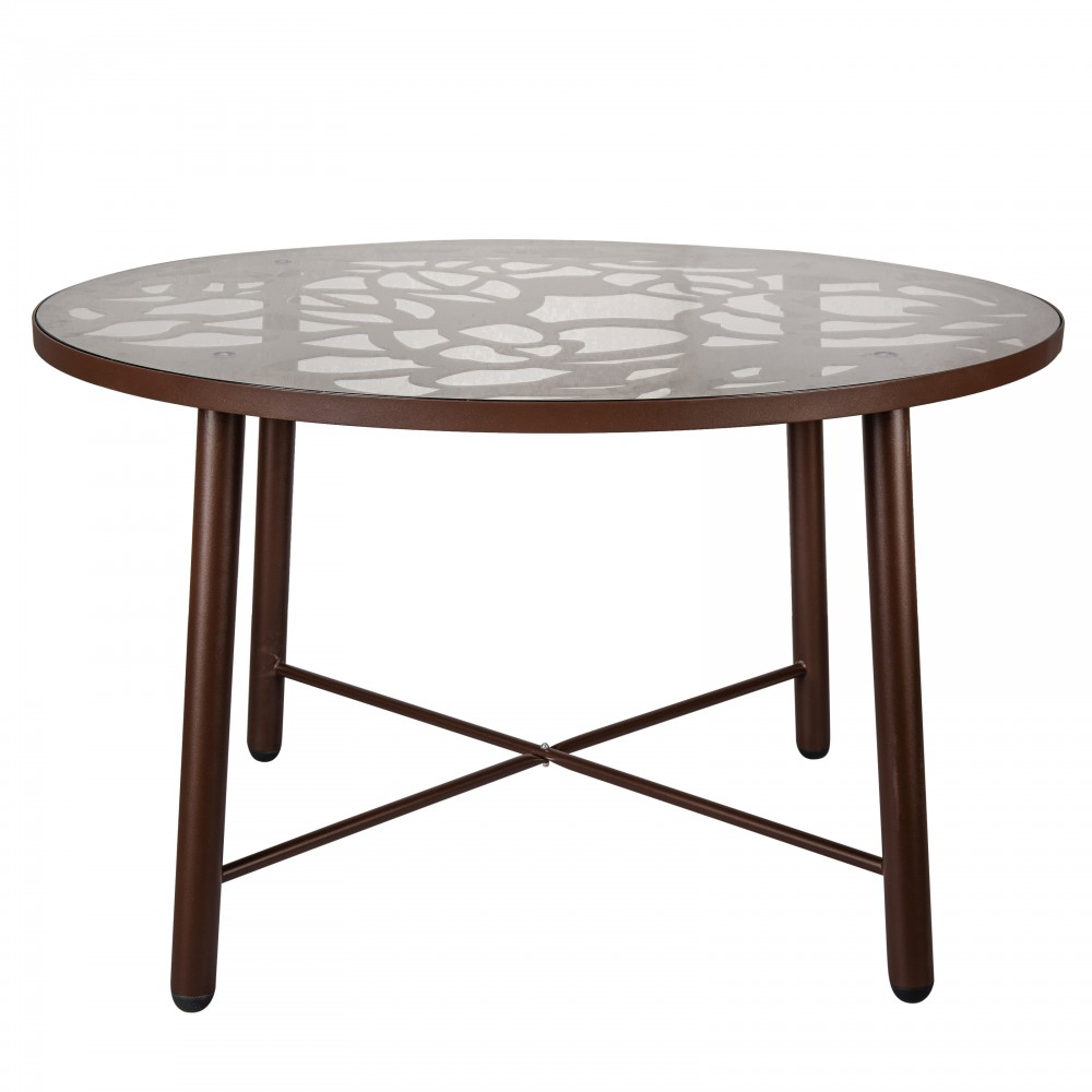 Tree Design Glass Top Aluminum Base Indoor Outdoor Dining Table, Brown, DT48BR