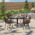 Tree Design Glass Top Aluminum Base Indoor Outdoor Dining Table, Brown, DT48BR