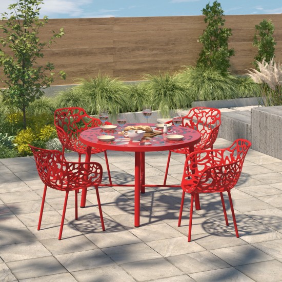 Tree Design Glass Top Aluminum Base Indoor Outdoor Dining Table, Red, DT48R