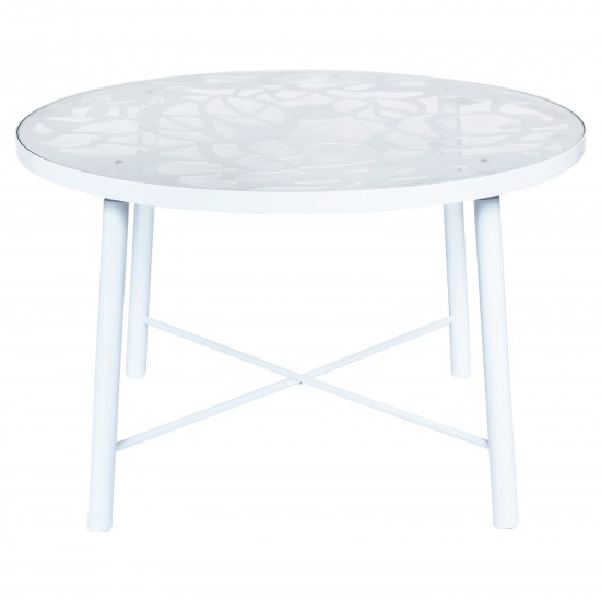 Tree Design Glass Top Aluminum Base Indoor Outdoor Dining Table, White, DT48W