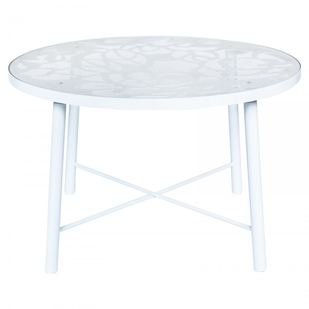 Tree Design Glass Top Aluminum Base Indoor Outdoor Dining Table, White, DT48W