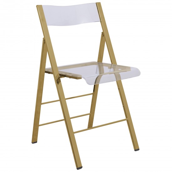 LeisureMod Menno Modern Acrylic Gold Base Folding Chair, Clear, MFG15CL