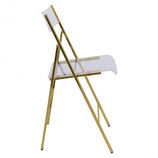LeisureMod Menno Modern Acrylic Gold Base Folding Chair, Clear, MFG15CL