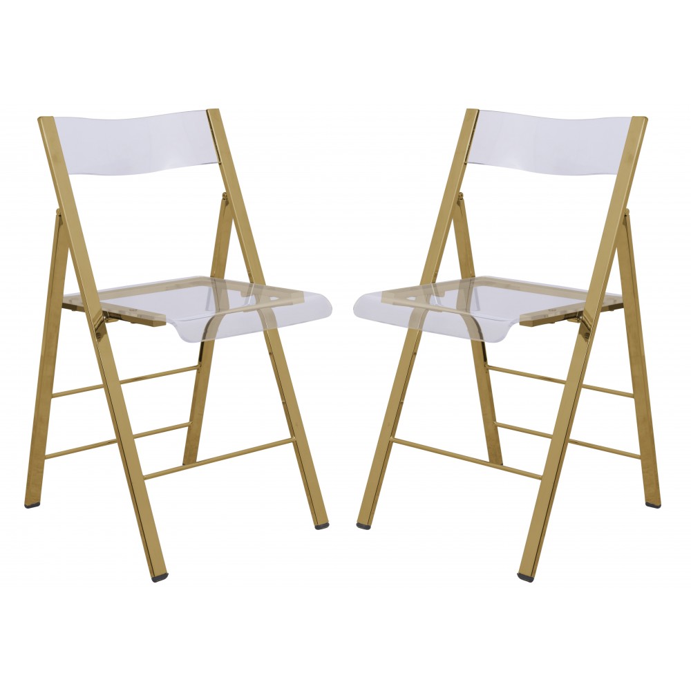 Menno Modern Acrylic Gold Base Folding Chair, Set of 2, Clear, MFG15CL2