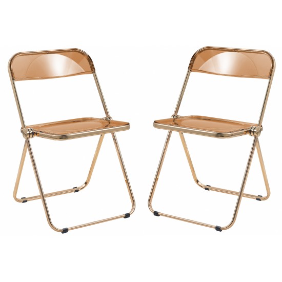 Lawrence Acrylic Folding Chair, Gold Metal Frame, Set of 2, Tangerine, LFG19OR2