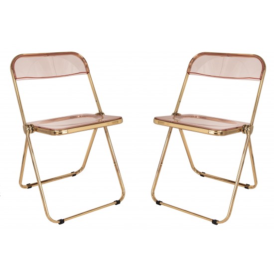 Lawrence Acrylic Folding Chair, Gold Metal Frame, Set of 2, Rose Pink, LFG19PK2