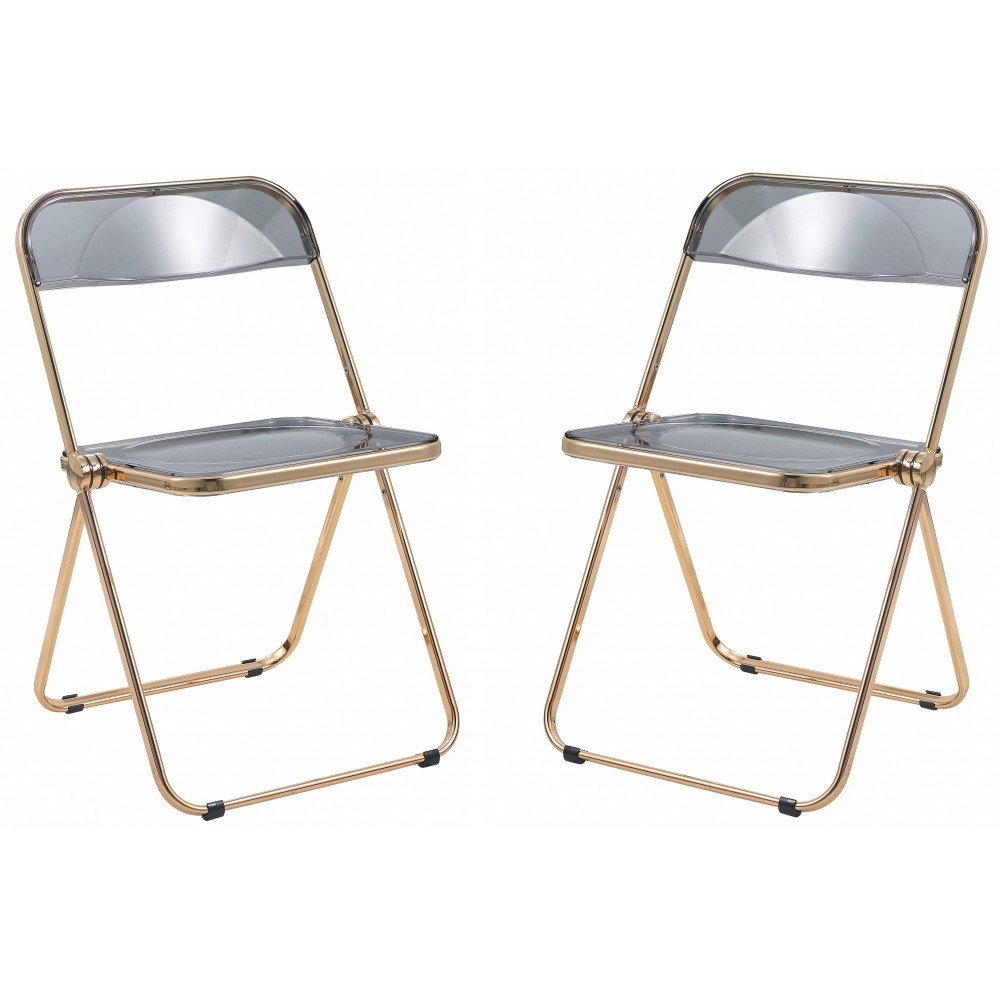 Acrylic Folding Chair, Gold Metal Frame, Set of 2, Transparent Black, LFG19TBL2