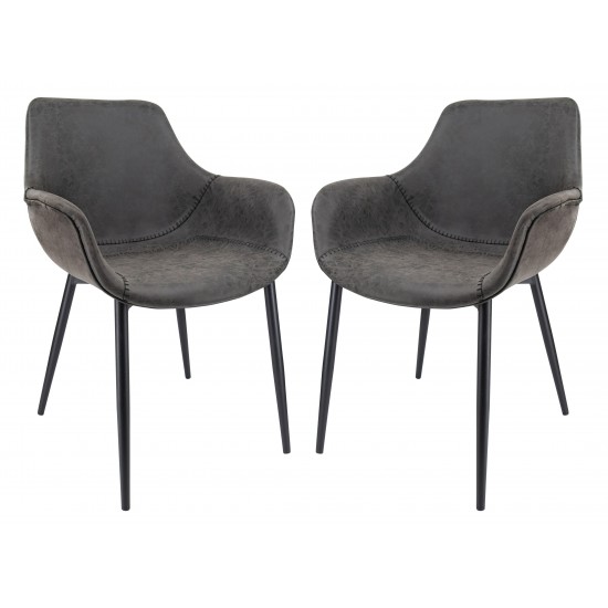 Modern Leather Dining Arm Chair, Metal Legs Set of 2, Charcoal Black, EC26BL2