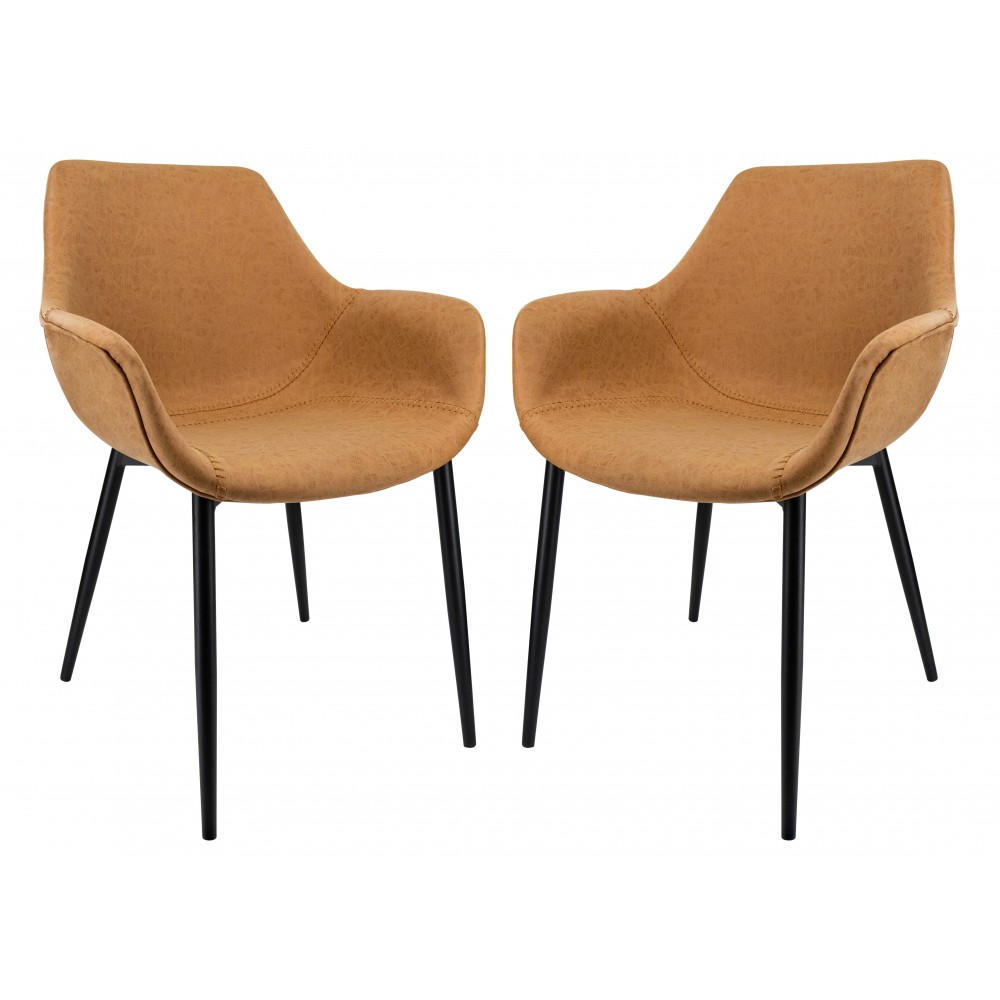 Modern Leather Dining Arm Chair, Metal Legs Set of 2, Light Brown, EC26BR2