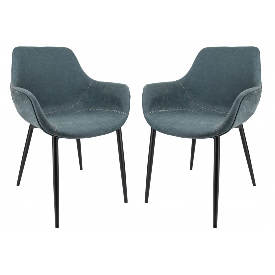 Modern Leather Dining Arm Chair, Metal Legs Set of 2, Peacock Blue, EC26BU2