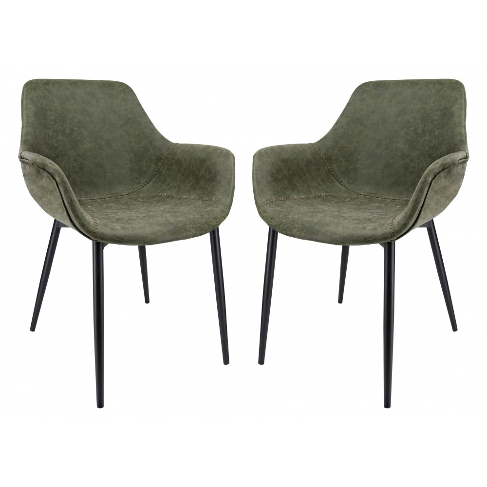 Modern Leather Dining Arm Chair, Metal Legs Set of 2, Olive Green, EC26G2