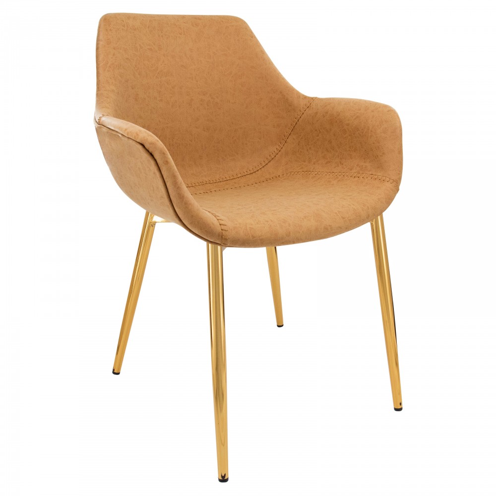 Markley Modern Leather Dining Arm Chair, Gold Metal Legs, Light Brown, ECG26BR