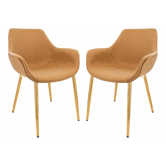 Modern Leather Dining Arm Chair, Gold Metal Legs Set of 2, Light Brown, ECG26BR2