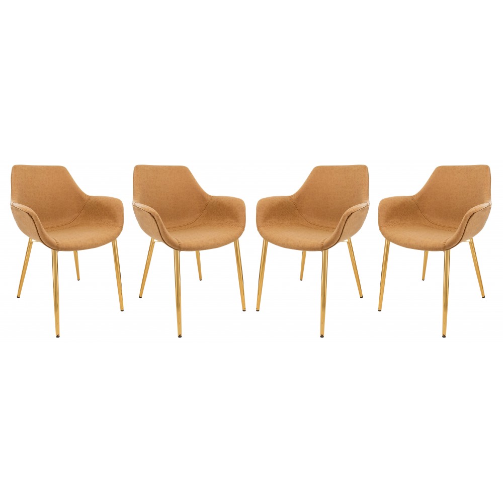 Modern Leather Dining Arm Chair, Gold Metal Legs Set of 4, Light Brown, ECG26BR4