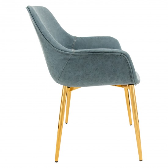 Markley Modern Leather Dining Arm Chair, Gold Metal Legs, Peacock Blue, ECG26BU