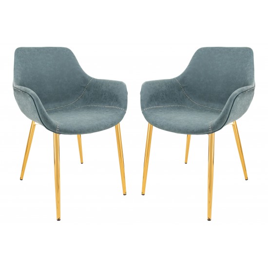 Modern Leather Dining Arm Chair, Gold Metal Legs Set of 2 Peacock Blue, ECG26BU2