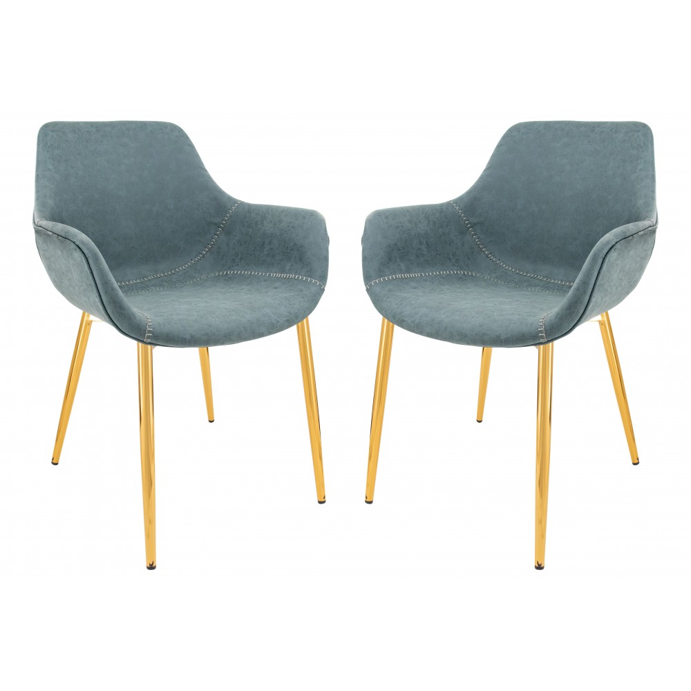 Modern Leather Dining Arm Chair, Gold Metal Legs Set of 2 Peacock Blue, ECG26BU2